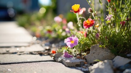 A patch of wildflowers peeking through the cracks of a concrete sidewalk, bringing a pop of color to the urban landscape.