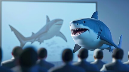 Cartoon digital avatar of a shark marine biologist giving a presentation at a conference, showcasing their latest research findings with the help of advanced technology and visual aids. - obrazy, fototapety, plakaty