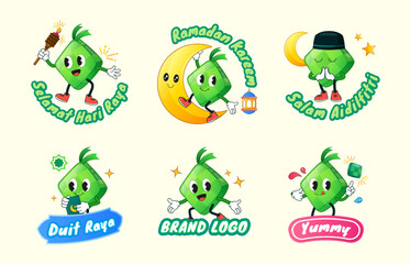 Ramadan Raya hand drawn cute retro ketupat sticker set with pelita oil lamp, crescent moon, lantern, stars, green packet and ketupat. Holiday festive cartoon character label collection. Vector illustr