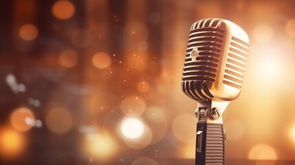 A realistic render of a classic microphone, positioned on a stage with bokeh lights contributing to the artistic ambiance.
