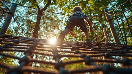 child climbs up an alpine grid in a park on a playground on a hot summer day. children's playground in a public park, entertainment and recreation for children, mountaineering training.