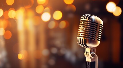 A vintage microphone, gracefully positioned on a stage with bokeh lights creating a mesmerizing atmosphere.