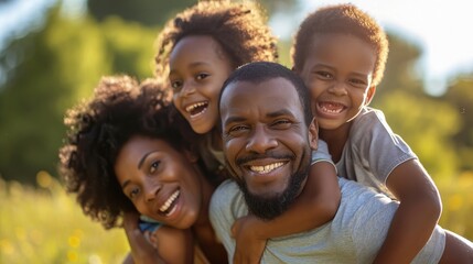 Happy mom, dad and children on piggyback ride from parents in nature park for fun, summer time bonding and outdoor family activity. Black father, mother and kids smile together while playing on grass