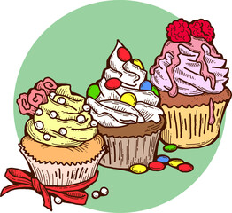Sweet tasty dessert cupcake with cream and deco for morning breakfast in café or restaurant. Mini birthday cake for pleasure. Hand drawn retro vintage colorful vector illustration. Old style drawing.