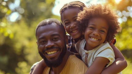 Happy mom, dad and children on piggyback ride from parents in nature park for fun, summer time bonding and outdoor family activity. Black father, mother and kids smile together while playing on grass - obrazy, fototapety, plakaty