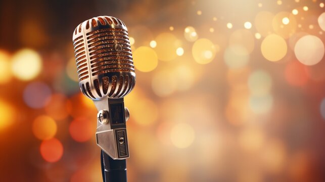 A realistic render of a weathered microphone, positioned on a stage with enchanting bokeh lights.