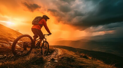 Man on mountain bike rides on the trail on a stormy sunset.