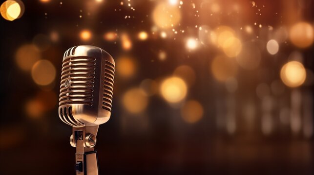 A well-crafted vintage microphone under the spotlight, with bokeh lights twinkling in the background.