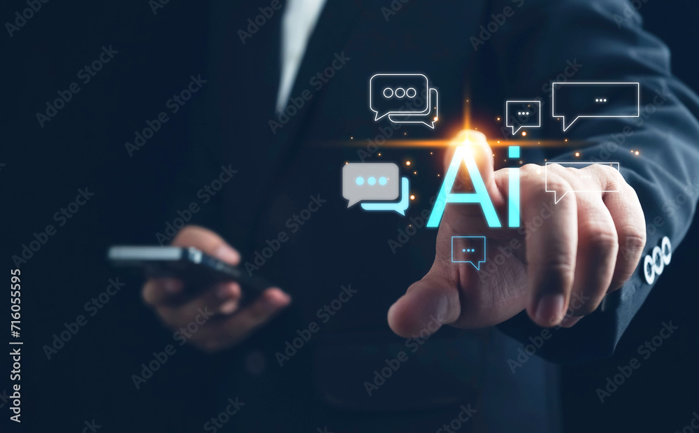Fototapete Ai technology, businessman show virtual graphic Global Internet connect Chat with AI, Artificial Intelligence. AI, using command prompt for generates something, Futuristic technology transformation.
