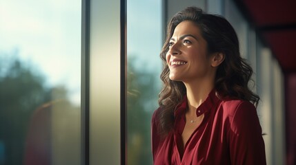 Mexican middle age business woman looking at the window