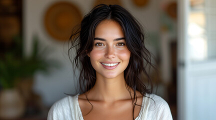 Beautiful smiling European American woman 28 years old with black hair, white v-neck women's...