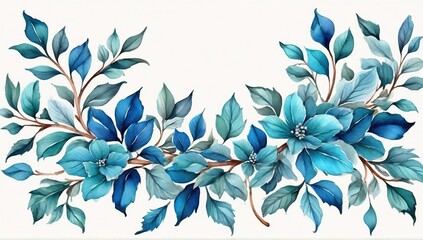 Floral ornament in bright blue and turquoise on the border, greeting card motif, wedding invitation card with blank center. Small leaves in watercolor style