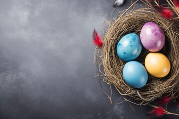 Happy Easter day decoration colorful eggs in nest on paper background with copy space - generative ai
