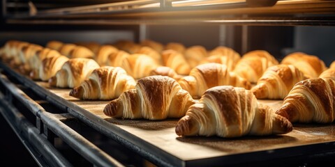 Glazed croissants production at the plant using modern technologies - Powered by Adobe