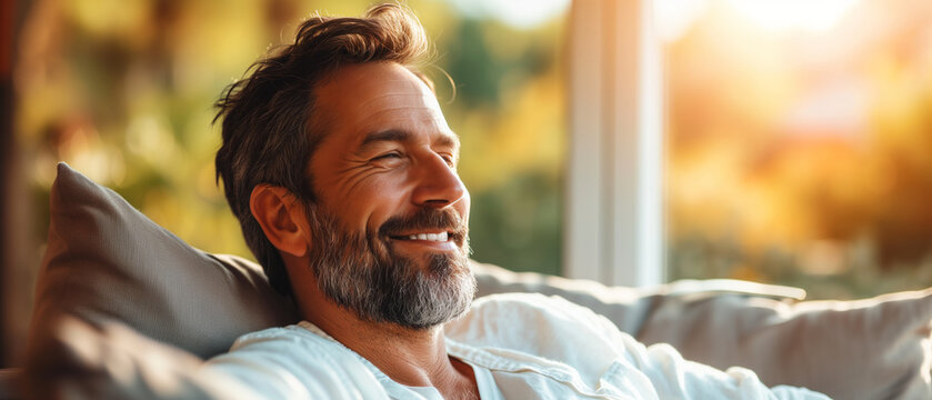 Embracing Serenity at Golden Hour: Mature Man Relishing Peaceful Moments with a Contented Smile and Warm Sunset Glow