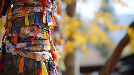Closeup of a peaceful tree trunk, adorned with colorful prayer flags, representing the inner tranquility achieved through meditation.