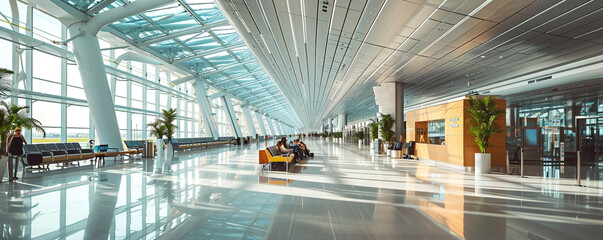 Interior photo of a modern airport terminal - obrazy, fototapety, plakaty