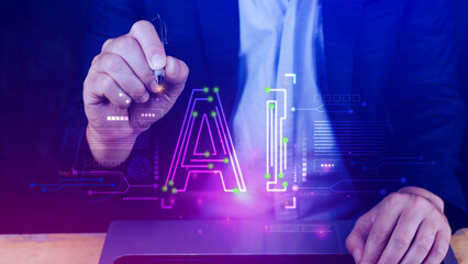 Ai tech, Businessman using virtual graphic Global Internet connect Chatgpt Chat with AI, Artificial...