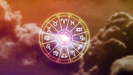 Concept of astrology and horoscope, person inside a zodiac sign wheel, Astrological zodiac signs inside of horoscope circle, Astrology, knowledge of stars in the sky, power of the universe concept.