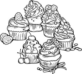 Sweet tasty dessert cupcake with cream and deco for morning breakfast in café or restaurant. Mini birthday cake for pleasure. Hand drawn retro vintage colorful vector illustration. Old style drawing.