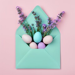 An easter greeting card adorned with delicate flowers and colorful eggs is nestled in a purple envelope, ready to spread joy and new beginnings