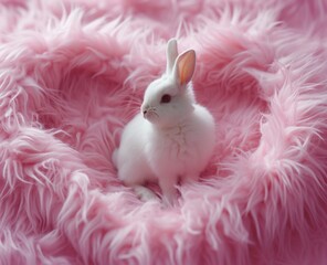 A fluffy, domestic rabbit rests peacefully on a vibrant pink blanket, evoking feelings of easter joy and adding a pop of color to any indoor space