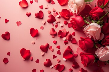A romantic and charming indoor garden filled with blooming red and pink roses, surrounded by hearts and love on a beautiful valentine's day background