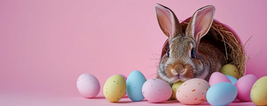 A festive easter bunny delivers colorful eggs while a curious domestic rabbit with a basket on its head joins in on the holiday cheer indoors