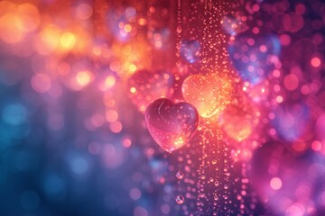 A vibrant and romantic valentine's day background featuring a group of hearts adorned with shimmering water drops, radiating joy and love with its colorful magenta hues and soft blurred lighting