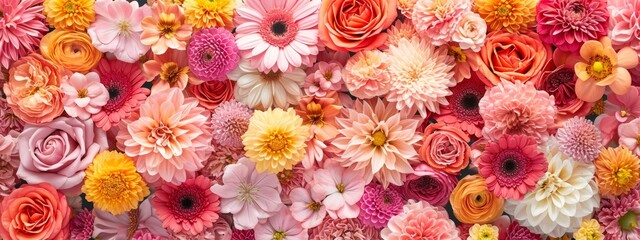 A vibrant and diverse group of flowers, ranging in color from peach to pink to red, artfully arranged into a stunning bouquet with a mix of natural and artificial blooms - obrazy, fototapety, plakaty