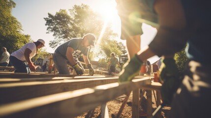 Closeup of a group of volunteers building a new playground structure for a local park. - obrazy, fototapety, plakaty