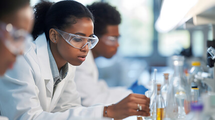 Em um laboratório brilhante e moderno diversos cientistas em jalecos brancos e óculos de segurança trabalham diligentemente juntos manipulando habilmente tubos de ensaio e microscópios - obrazy, fototapety, plakaty