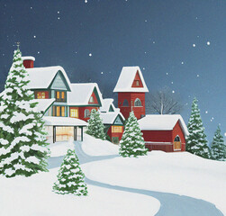 Winter landscape with sky and houses. Colorful illustration, background, wallpaper.  Christmas card design. New year flyer