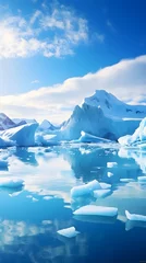 Gordijnen Frozen Solitude: A Breathtaking Symmetry of Crystal Icebergs under Sunlit Blue Skies © Alberta
