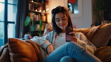 Obraz premium woman sitting on a sofa with mobile phone