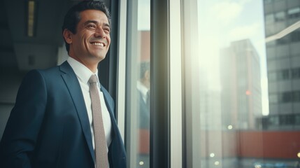 Fototapeta premium Mexican middle age business man looking at the windows 