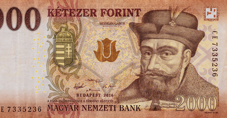 This is banknote featuring national currency of Hungary, two thousand forint front view