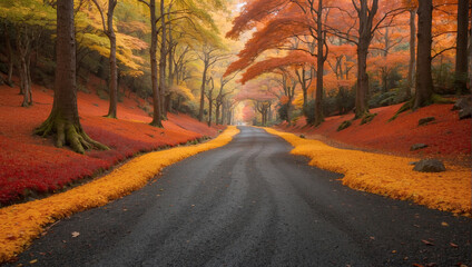 Naklejka na ściany i meble red forest road in autumn autumn in the forest road in forest