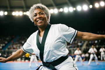 a person in their 60's participating in intense sports happily and enjoying the energy