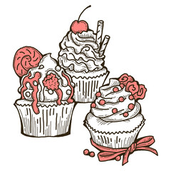 Sweet tasty dessert cupcake with cream and deco for morning breakfast in café or restaurant. Mini birthday cake for pleasure. Hand drawn colorful retro vintage illustration. Old style drawing.