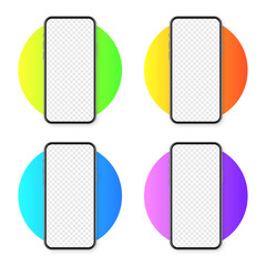 Realistic smartphone with blank touch screen on colorful background. Frameless mobile phone in front view. High quality detailed device mockup. Vector illustration