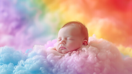 Tranquil double exposure portrait of newborn baby blended with soft rainbow