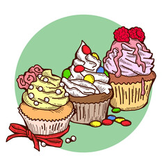 Sweet tasty dessert cupcake with cream and deco for morning breakfast in café or restaurant. Mini birthday cake for pleasure. Hand drawn colorful retro vintage illustration. Old style drawing.