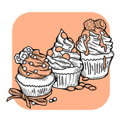 Sweet tasty dessert cupcake with cream and deco for morning breakfast in café or restaurant. Mini birthday cake for pleasure. Hand drawn colorful retro vintage illustration. Old style drawing.