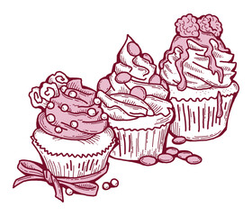 Sweet tasty dessert cupcake with cream and deco for morning breakfast in café or restaurant. Mini birthday cake for pleasure. Hand drawn colorful retro vintage illustration. Old style drawing.