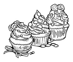 Sweet tasty dessert cupcake with cream and deco for morning breakfast in café or restaurant. Mini birthday cake for pleasure. Hand drawn colorful retro vintage illustration. Old style drawing.