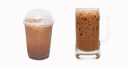 Ice coffee brown in plastic glass. Traditional Thai style original sweet taste. Thai street food and popular in Thailand antique coffee. isolated on white background.