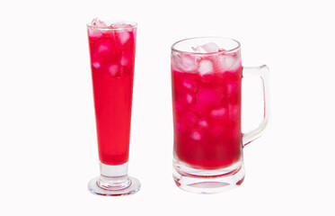 Red nectar in big size glass isolated on white background. Drink refresh body. Summer sweet iced drink red in glass tall drink, refreshed. Red nectar quenches thirst, Water is mixture of red and sugar