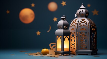 Ramadan kareem and eid fitr islamic concept background illustration with lantern, stars and blossom flowers in paper cutting style 3D for wallpaper, greeting card and flyer.