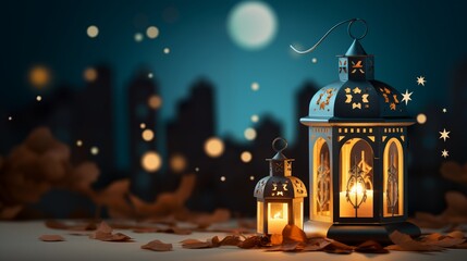 Ramadan kareem and eid fitr islamic concept background illustration with lantern, stars and blossom flowers in paper cutting style 3D for wallpaper, greeting card and flyer.